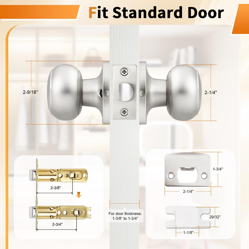 8 Pack Interior Door Knobs Passage Function, Brushed Nickel Finish Closet Door Handles Keyless Levers French Doors
