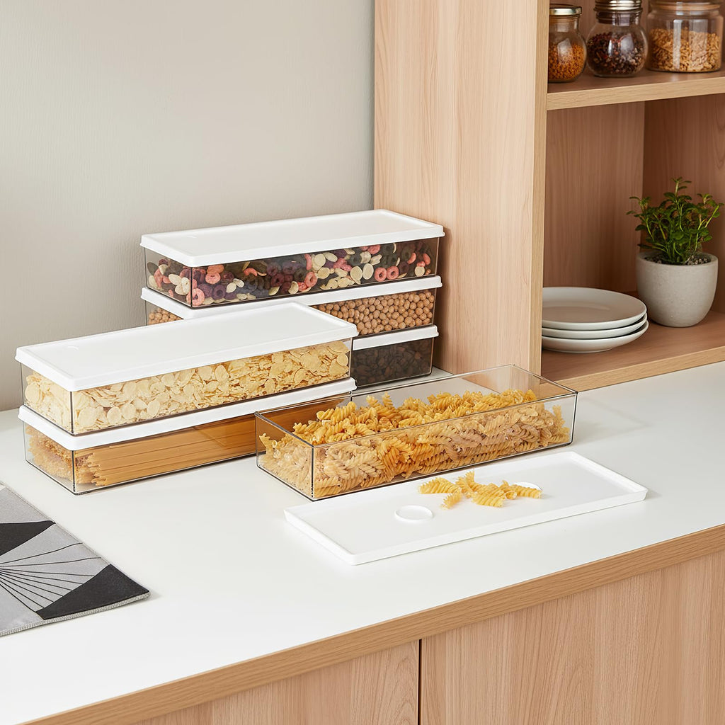 6 Pc Pasta Containers with Lids for Pantry, Airtight Spaghetti Noodle Holder, Plastic Food Keeper for Fridge Kitchen