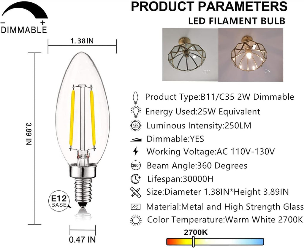E12 Candelabra Bulb 25 Watt Equivalent E12 LED Bulb 2W 2700K