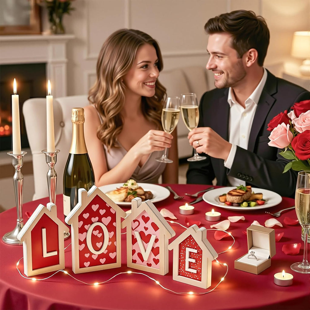 Valentines Day Decorations - 4 Pack 3D Design Wooden House Shape Sign, Valentines Day Table Decor, Valentine's Day - Set of 4