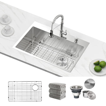Kitchen Sink 27 x 22 inch Drop-In Top Mount 16 Gauge Tight Radius Single Bowl 2-Hole Stainless Steel Kitchen Sink and