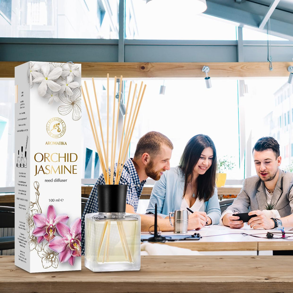Reed Diffuser Orchid-Jasmine 3.4 Fl Oz - Fresh & Long Lasting Fragrance - Gift Set with 10 Bamboo Sticks - Good for