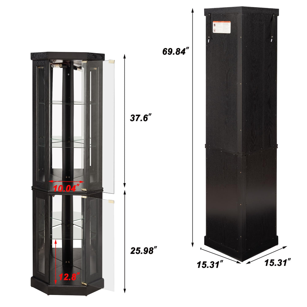 70" Lighted Corner Curio Cabinet, Glass Display Case with Tempered Glass Door and 3 Adjustable Shelves, Black Curio