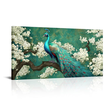 Peacock Canvas Wall Art Green and White Flower Elegant Animal Painting Pictures Artworks Bedroom Wall Decor Ready to