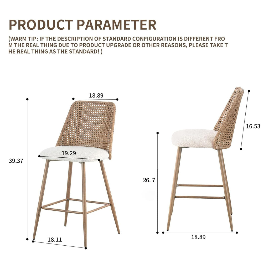 Rattan Bar Stools Set of 2, Modern Upholstered Counter Height Bar Stools with PE Rattan Back, 26" H Seat Height Bar