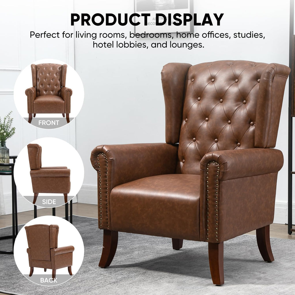 Mid-Century PU Leather Accent Chair, Living Room Lounge Sofa Chair with Buttons, Single Club Armchair with Rivet Trim