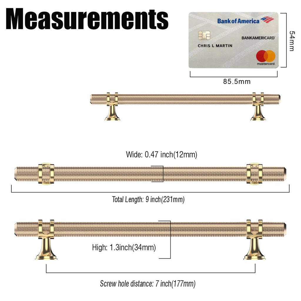 10 Pack 7"(177mm) Gold Cabinet Pulls Knurled Kitchen Cabinet Handles Drawer Pulls Brushed Brass Cupboard Hardware for