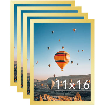 11x16 Gold Picture Frame Set of 4, Horizontal and Vertical Formats for Wall Hanging, 11 x 16 Wall Gallery Poster