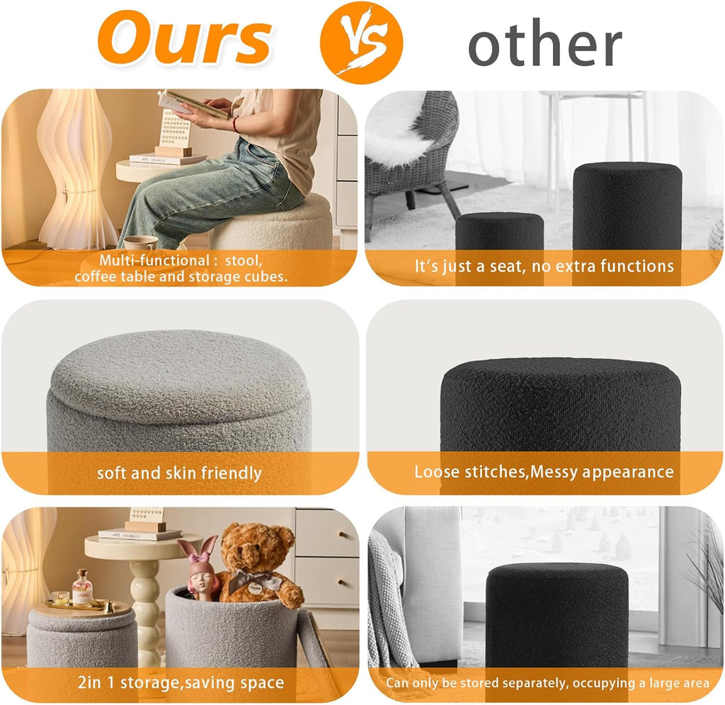 Round Ottoman with Storage Set of 2 Gray Sherpa Vanity Stool | Multifunctional Ottomans Coffee Table Padded Seat Foot