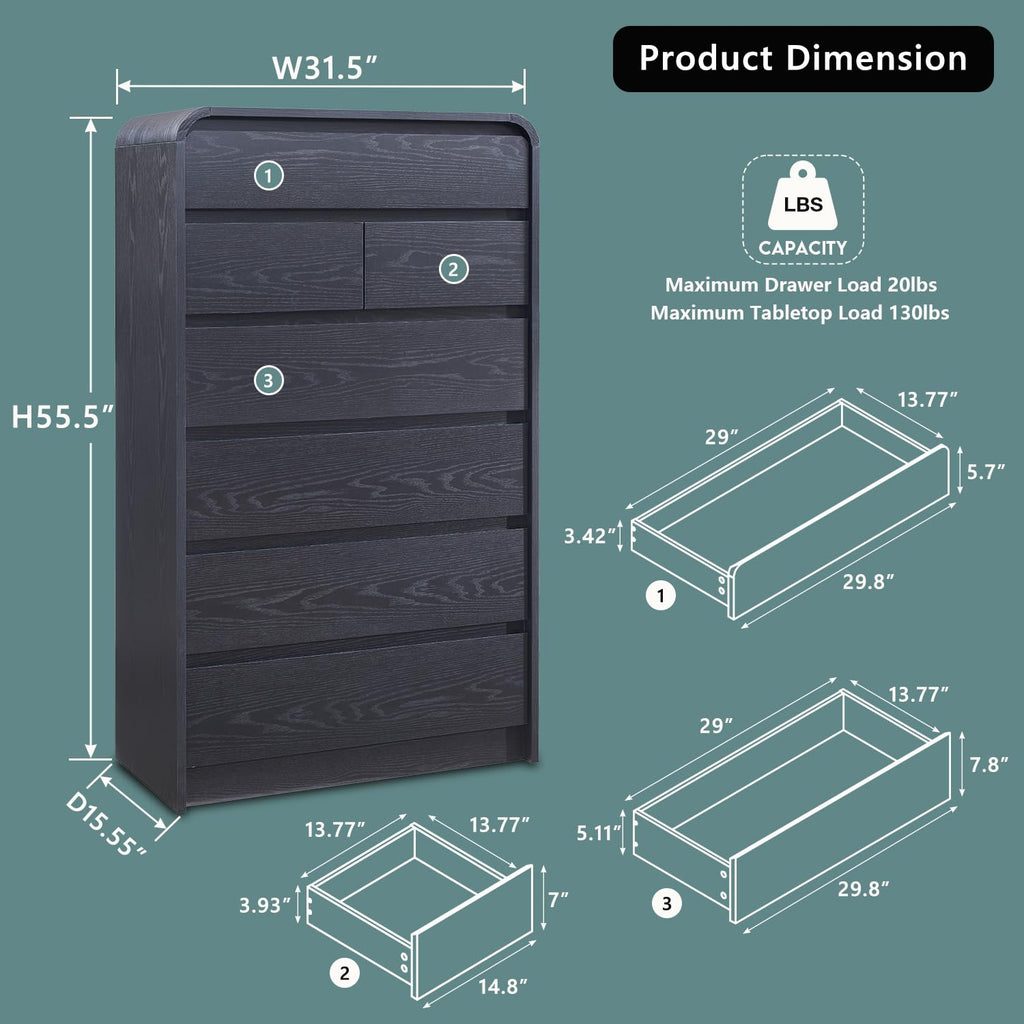 Modern 7 Drawers Dresser, 55" Tall Curved Dresser, Black