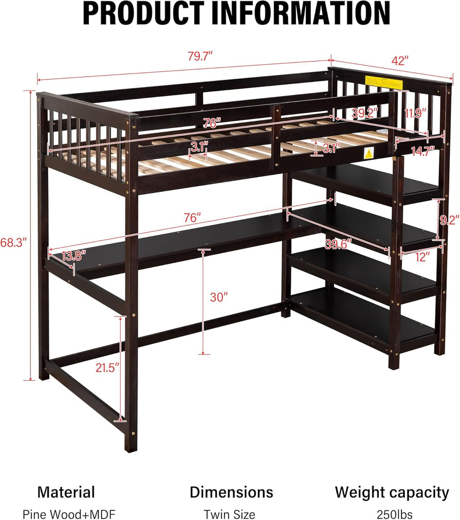 Wood Loft Bed with Desk and Shelves : Twin Bed with Storage Shelves and Under-Bed Desk, Twin Loft Bed, Espresso Color
