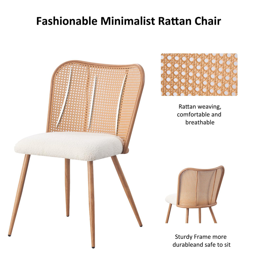 Rattan Dining Chairs Set of 4, Modern Chairs with Cane Back Upholstered Boucle Kitchen Chairs Armless Side Chair with