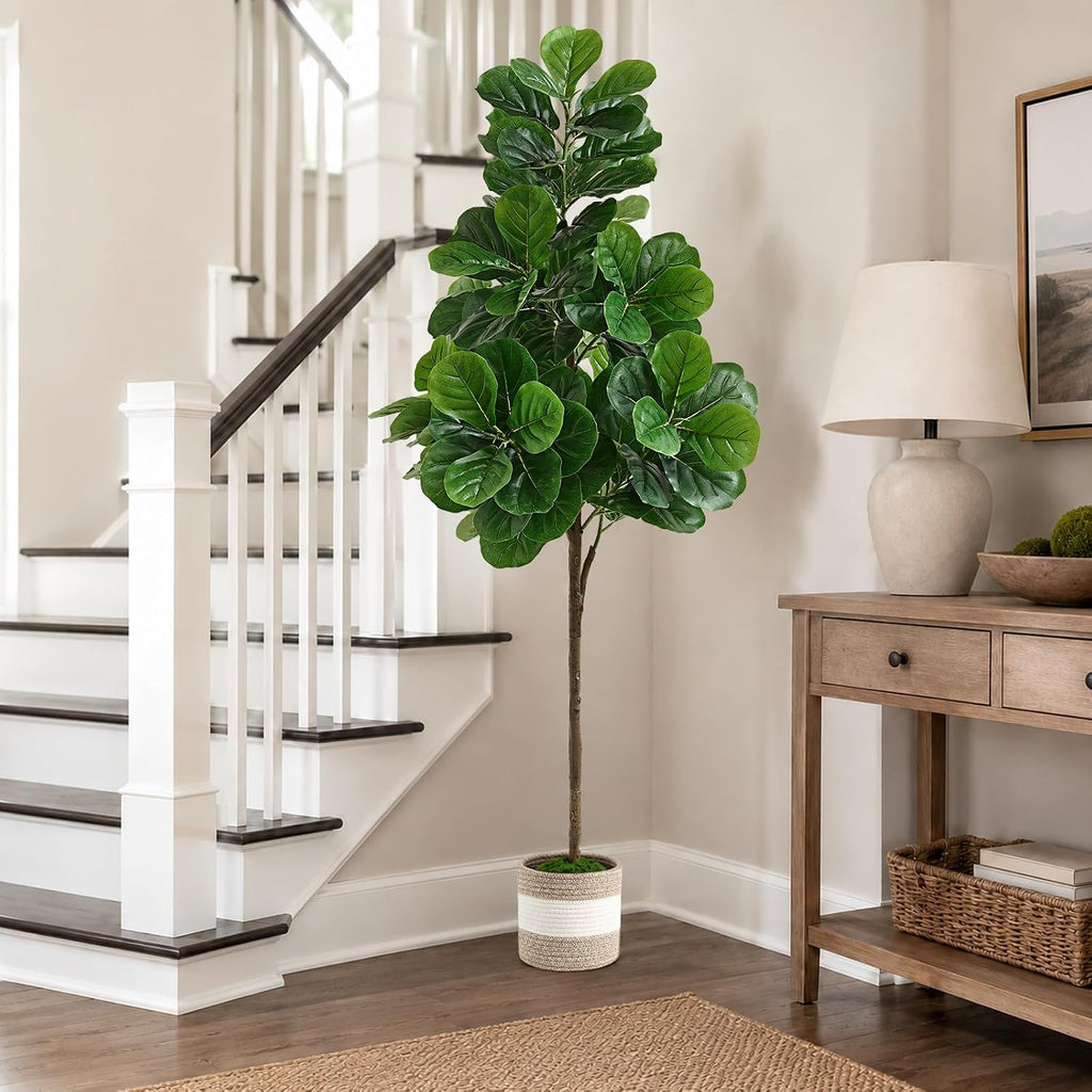 6FT Artificial Fiddle Leaf Fig Tree with Planter & Woven Basket