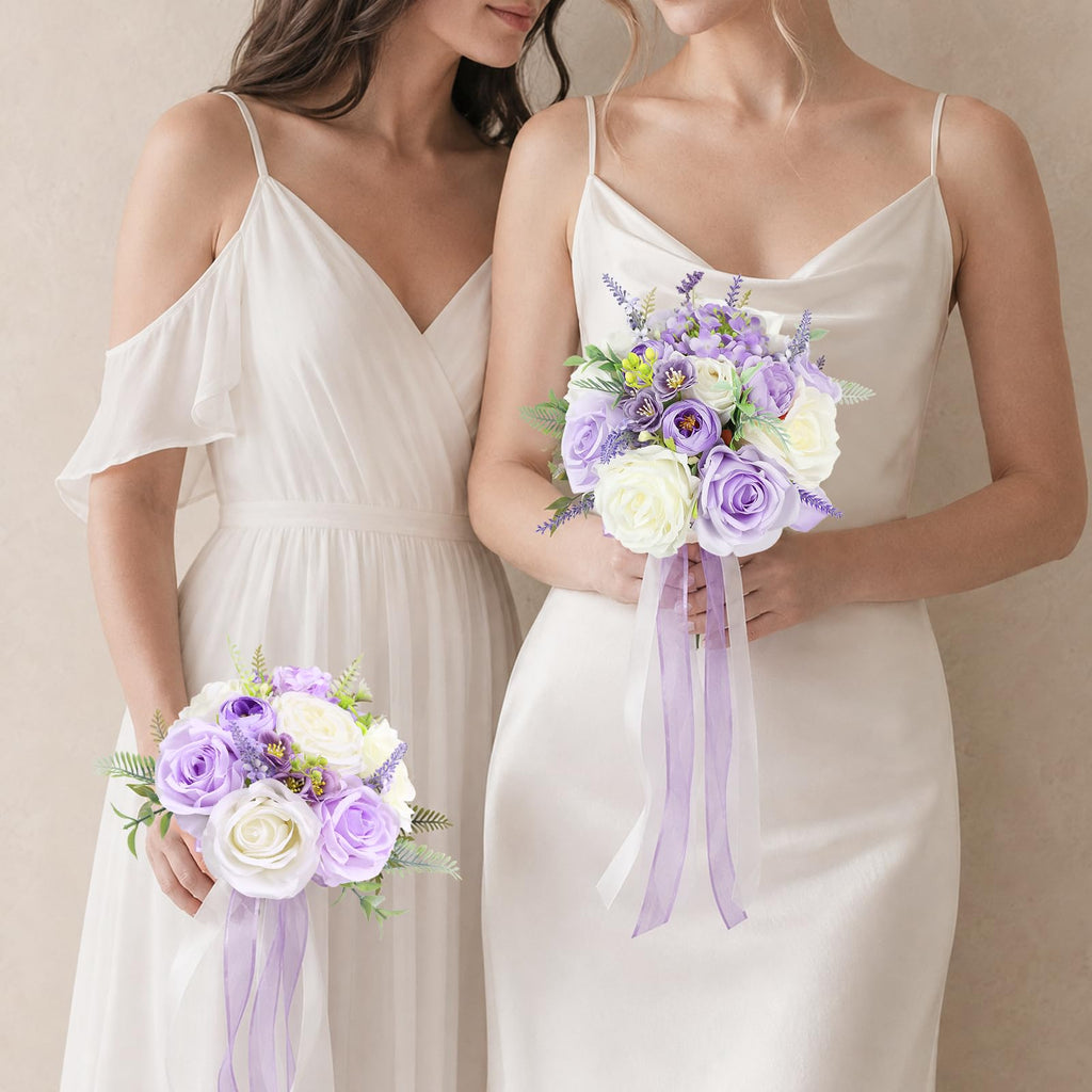 Bride Bouquets for Wedding 8.5 Inch Lilac Artificial Rose Flower Bridal Bouquets for Bride Wedding Bridesmaid