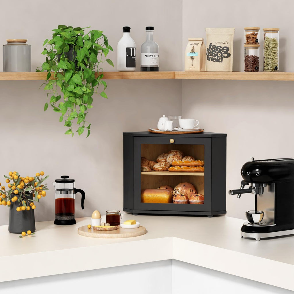 Corner 2 Tier, Double Layer Black Breadbox for Countertop