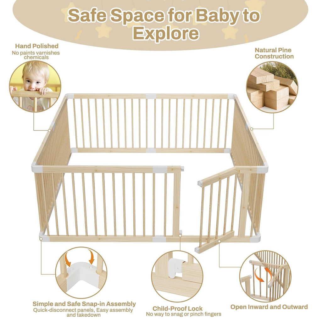 Wooden Baby Playpen, 71.5x60x24In Gate for Toddler and Babies | Natural Pine Wood Playard Double-Locking for