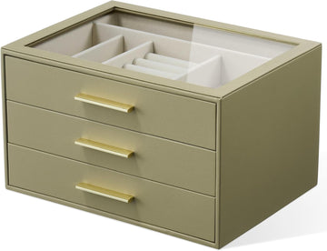Jewelry Box Organizer Storage Case, 3-Layer with Glass Window, Green