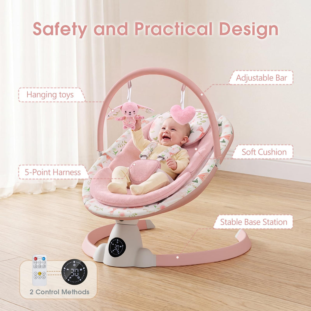 Baby Swing for Infants with 5 Swing Speeds, Portable Electric Baby Swing with Bluetooth, Touch Panel, 5-Point