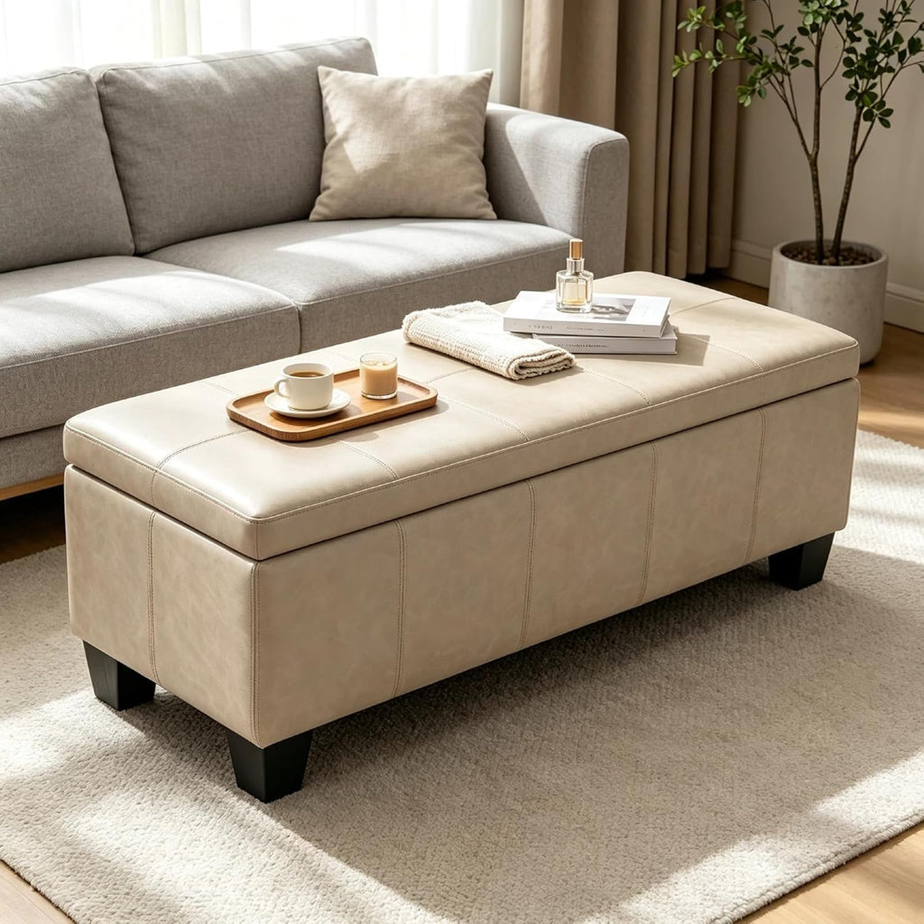 41.5 Inch Light Gray Faux Leather Storage Ottoman Bench for Small Spaces | 2.8 cu ft storage capacity,660 lbs weight