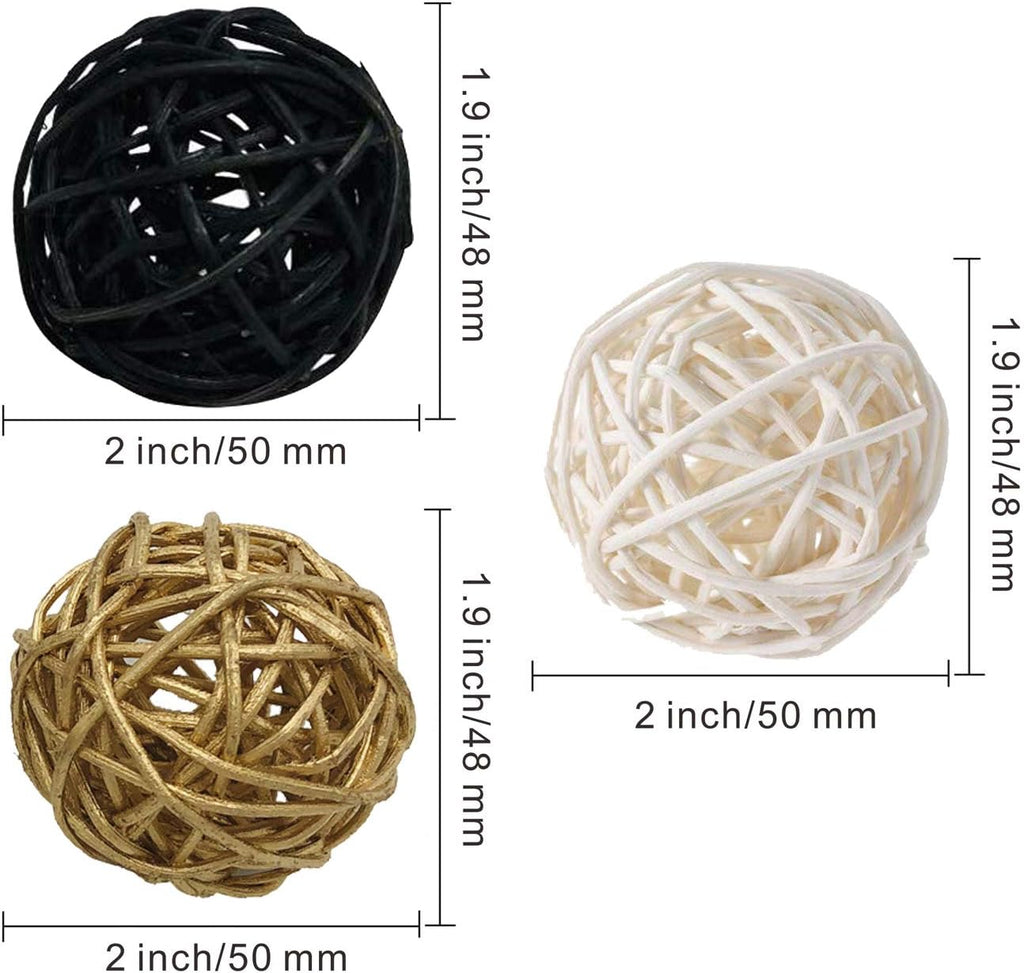 Pcs Mixed Gold Black White 2" Wicker Rattan Balls Decorative Orbs Vase Fillers for Craft Project,Wedding - Set of 15