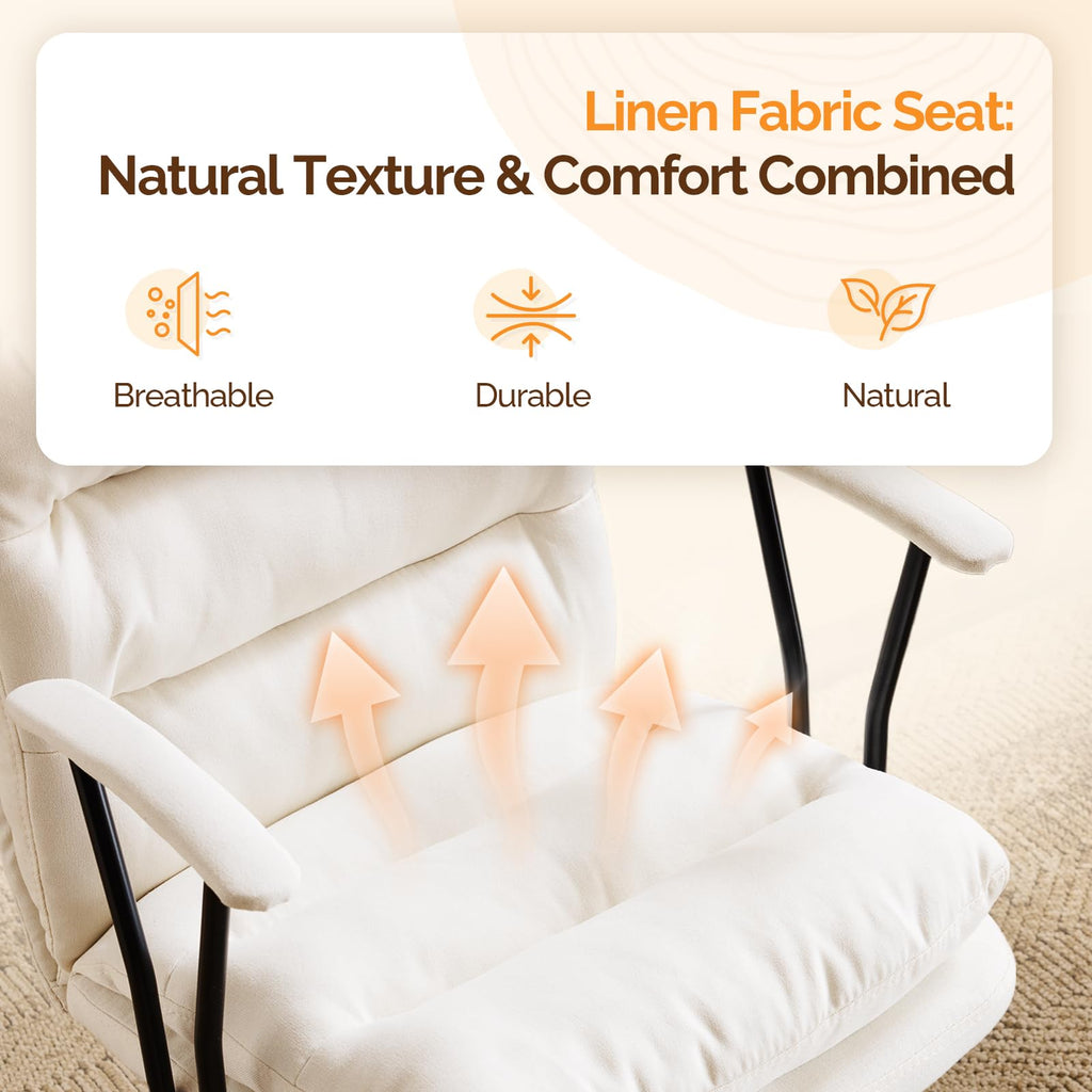 Padded White Desk Chair with/No Wheels, Dual-Base, Removable Armrests, Adjustable Comfy Rolling Swivel Computer Task