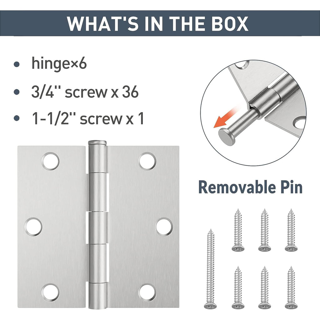 6 Pack 3.5" x 3.5" Brushed Nickel Door Hinges with Square Corner