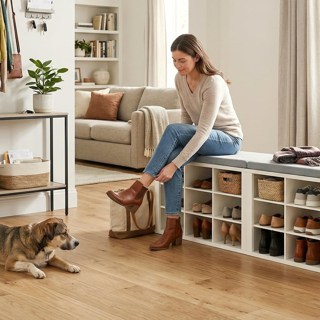 Shoe Rack Bench, Shoe Storage Bench with Cushion, Shoe Organizer 18 Cubbies Hallway Bedroom Living Room, Holds Up to
