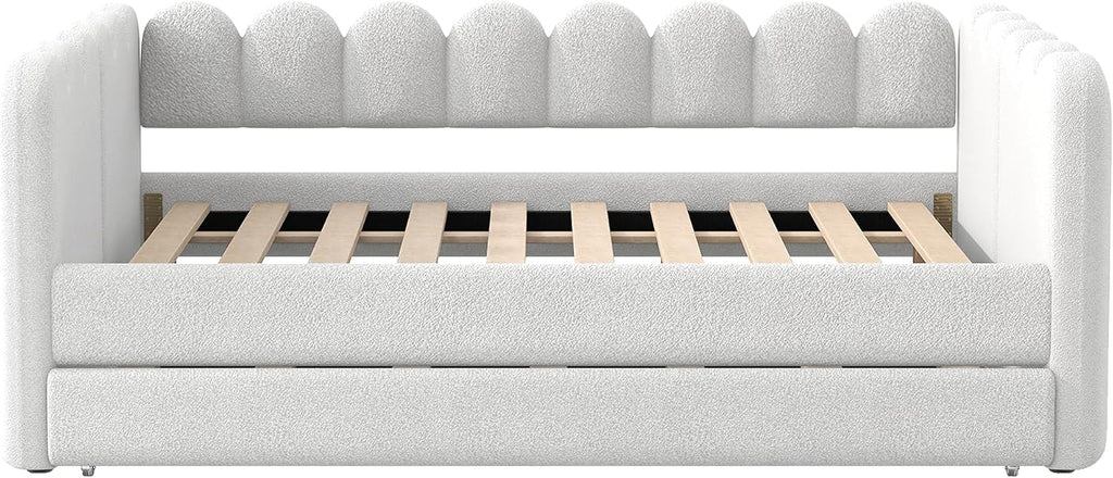 Queen Size Upholstered Daybed with Trundle Bed, Bouclé Fabric Scalloped Wave Shaped Frame, Platform Sofa Bed with