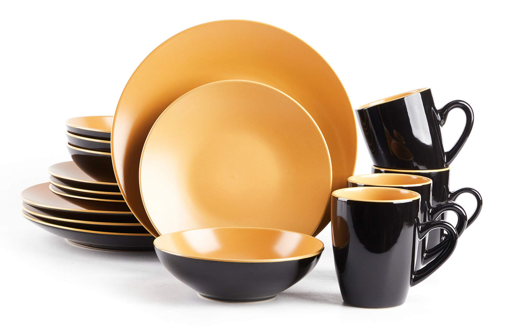 Stoneware Two-Tone Colors Life 16pc Dinner Set, Outside Shiny Black + Inside Matte Glaze Curry