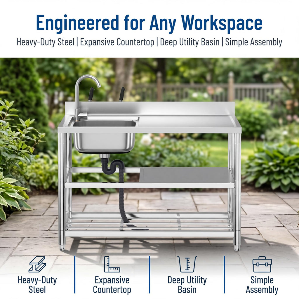 Free Standing Stainless-Steel Single Bowl Commercial Kitchen Sink w/Faucet