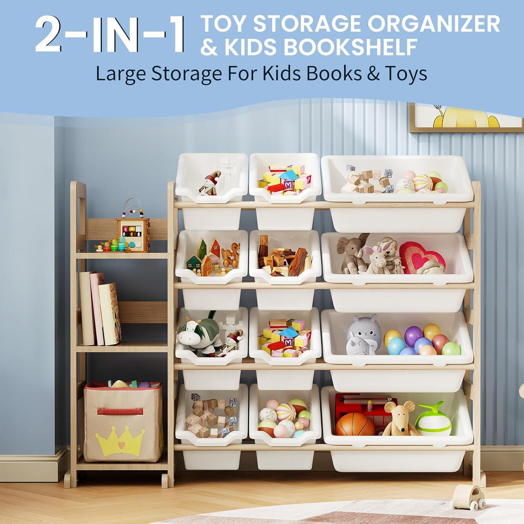 Toy Storage Organizer - Toy Organizers and Storage with Bookshelf, Toy Storage Shelf with 3 Shelves and 12 Storage