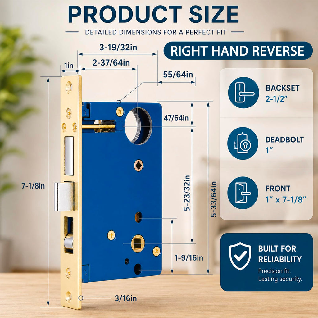 1 Set Double Cylinder Mortise Lock, Right Hand Reverse, Brass