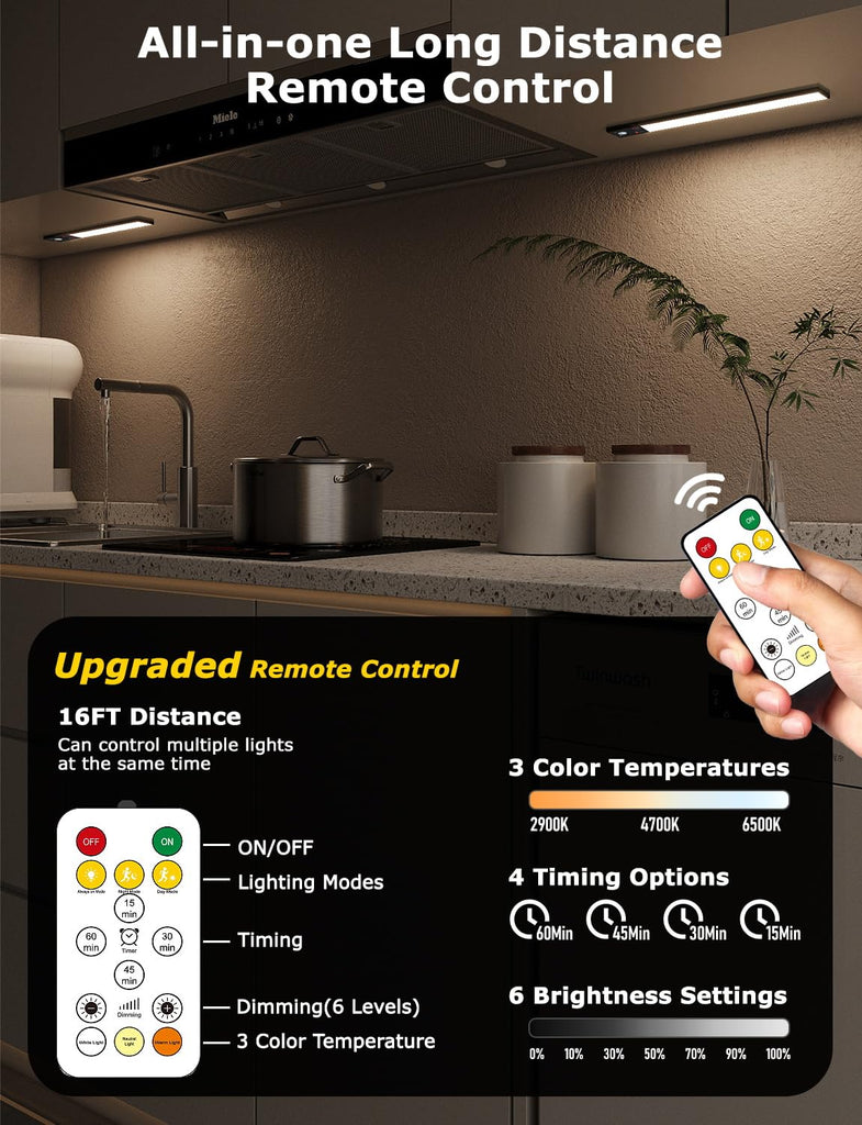 12" Under Cabinet Lighting Wireless, Remote, Motion Sensor, 8Pack, Black