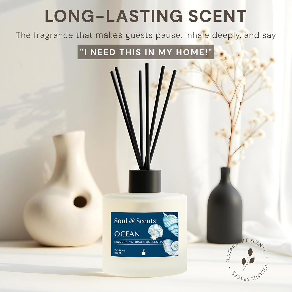 Reed Diffuser Set - Ocean | 7.43 oz Refillable Scented Oil with 6 Fiber Sticks | Long-Lasting Home Fragrance & Air
