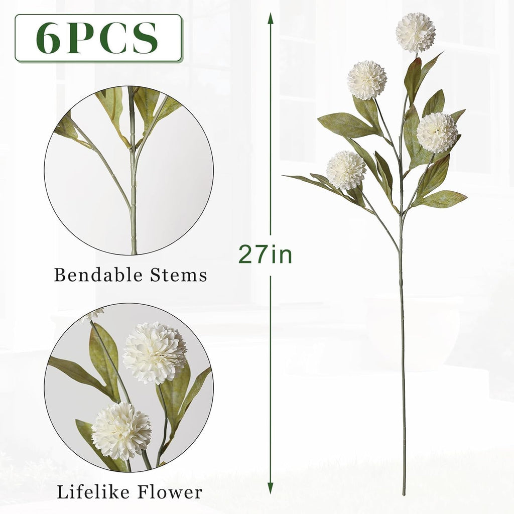 27"Artificial Pompon Mum Stems Silk Flowers for Vase Decor(Cream) - Set of 6