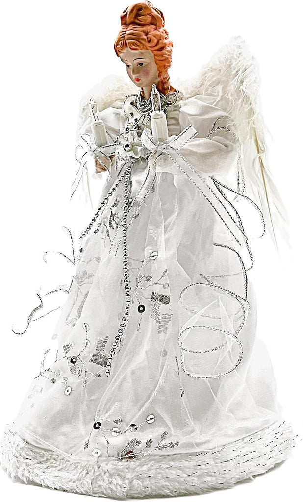 Ice Palace Lighted White and Silver Angel Christmas Tree Topper with Clear Lights, 12"