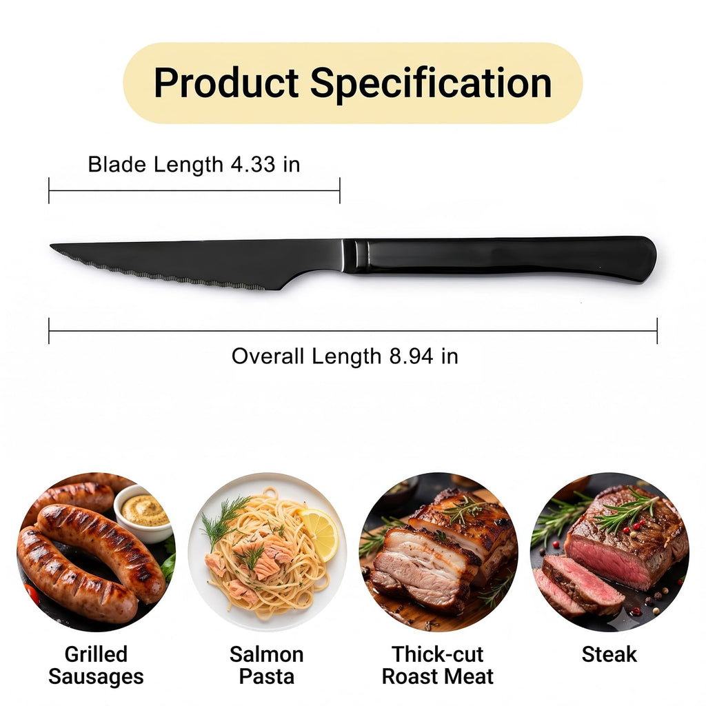 Black steak knives Ultra-Sharp Cutlery Set, Dinner Knives 6-Piece Stainless Steel kitchen Serrated Best chef Knife.