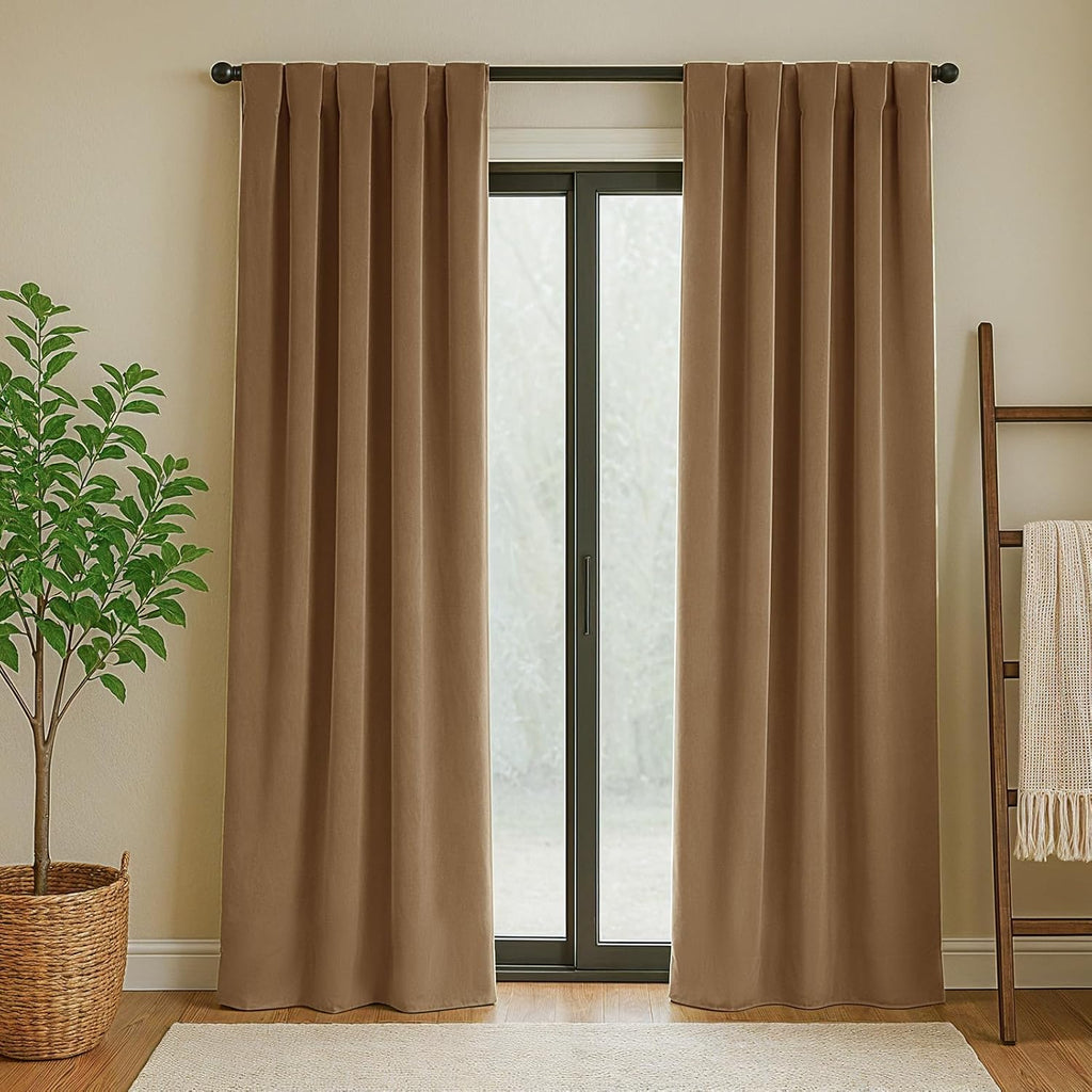 Velvet Curtains 84 Inches Long, Thermal Insulated Gold Brown Blackout Curtains for Living Room Bedroom Curtain Set