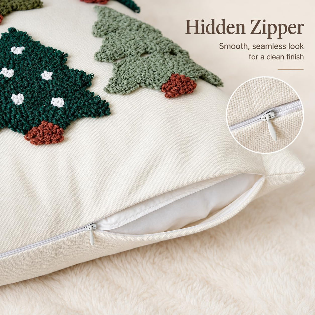 Christmas Tree Pillow Covers 18x18 Inch, Tufted Embroidery, 2 Pack