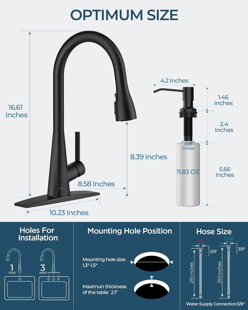 Kitchen Faucet with Soap Dispenser, 4-Function Pull Down Sprayer | Lead-Free, Modern Black, High Arc Stainless Steel