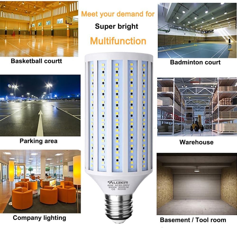 60W LED Corn Light Bulb, Large Mogul E39 Base, 6000-Lumen, 6500K Daylight Cool White,LED Corn Bulb for Large Area