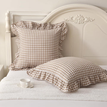 2 Pack Taupe/White Plaid Ruffle Throw Pillow Covers 24"x24"