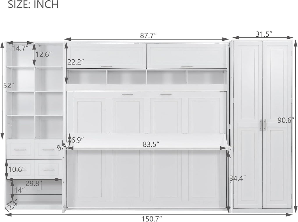 Queen Horizontal Murphy Bed with Desk, Folding Murphy Bed Cabinet with Wardrobe Storage Drawers and Shelves, Hideaway