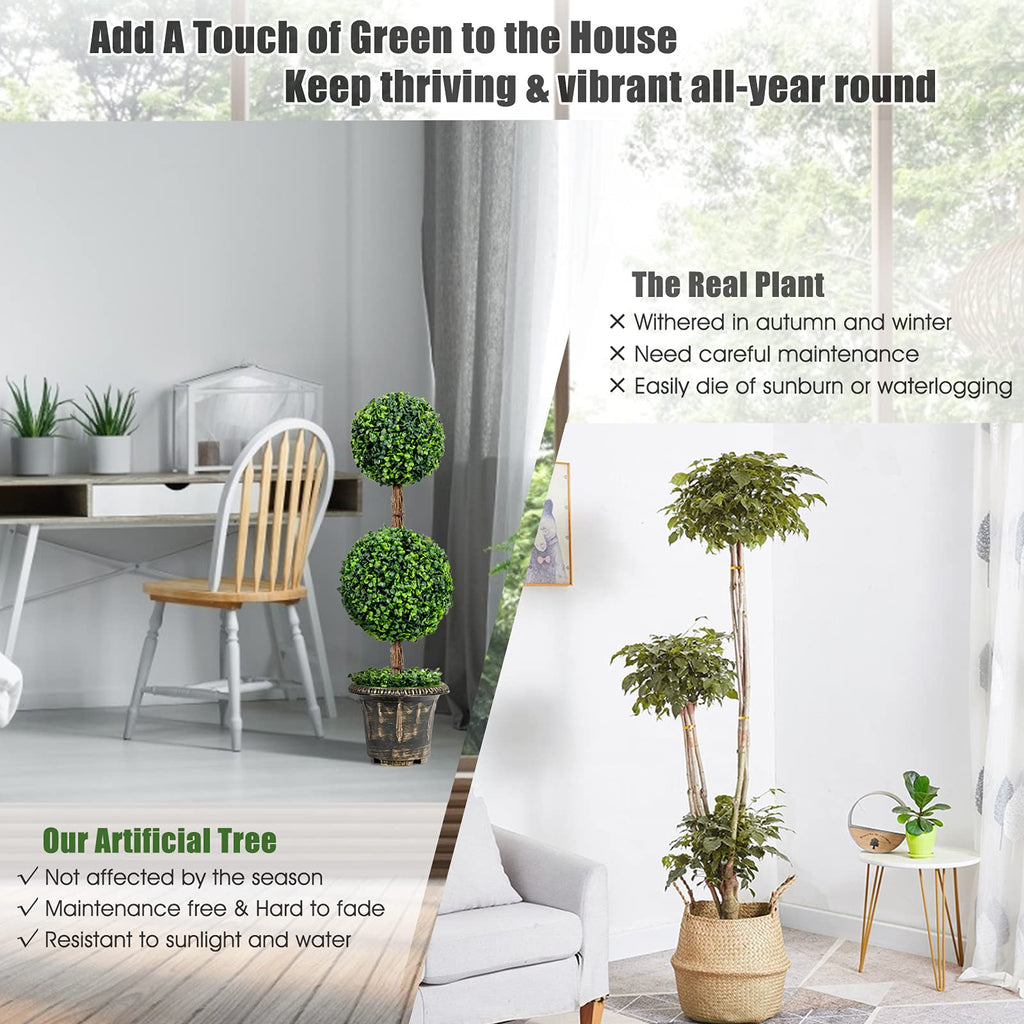 3 Ft Artificial Boxwood Topiary Tree, Fake Greenery Plants Ball Tree, Leaves & Cement-Filled Plastic Flower Pot