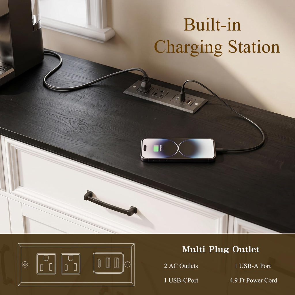 56" Farmhouse White Buffet Cabinet with Charging Station