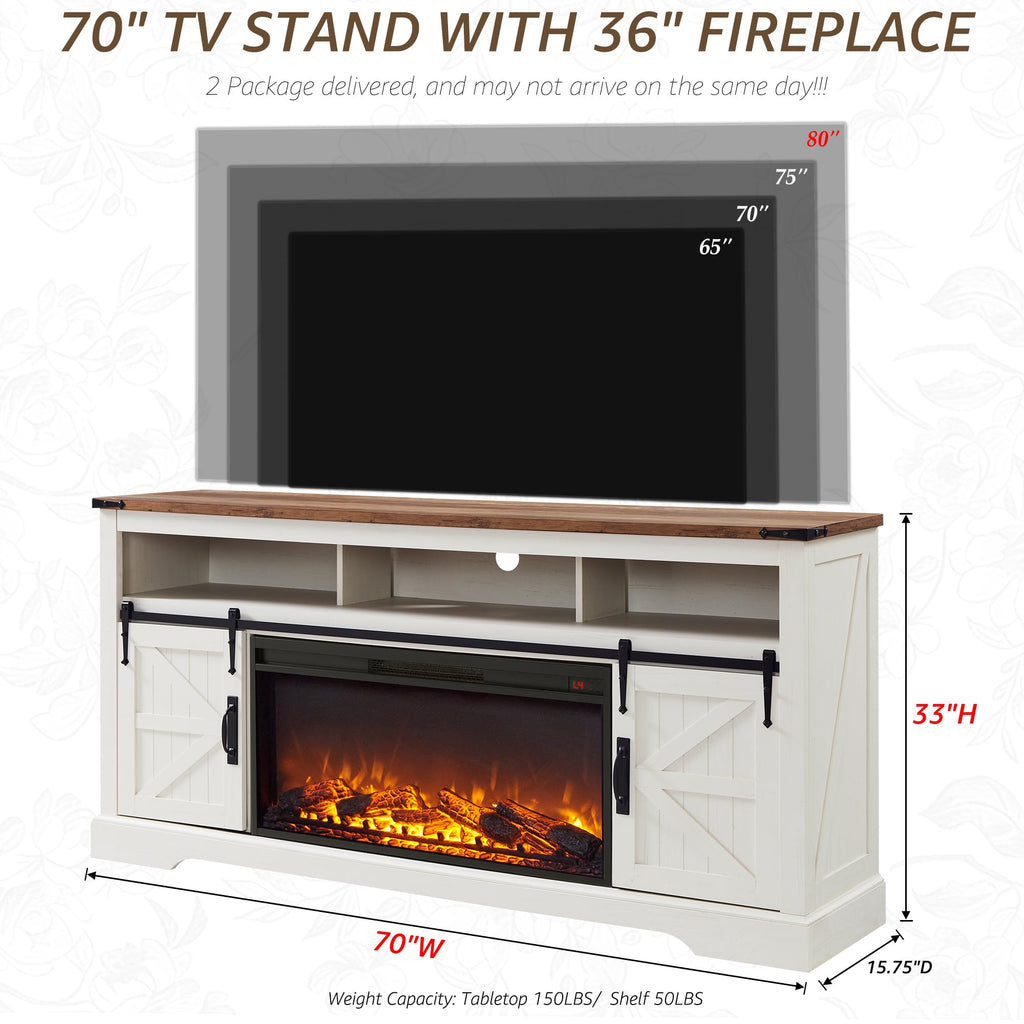 70" Farmhouse TV Stand with 36" Electirc Fireplace, Antique White