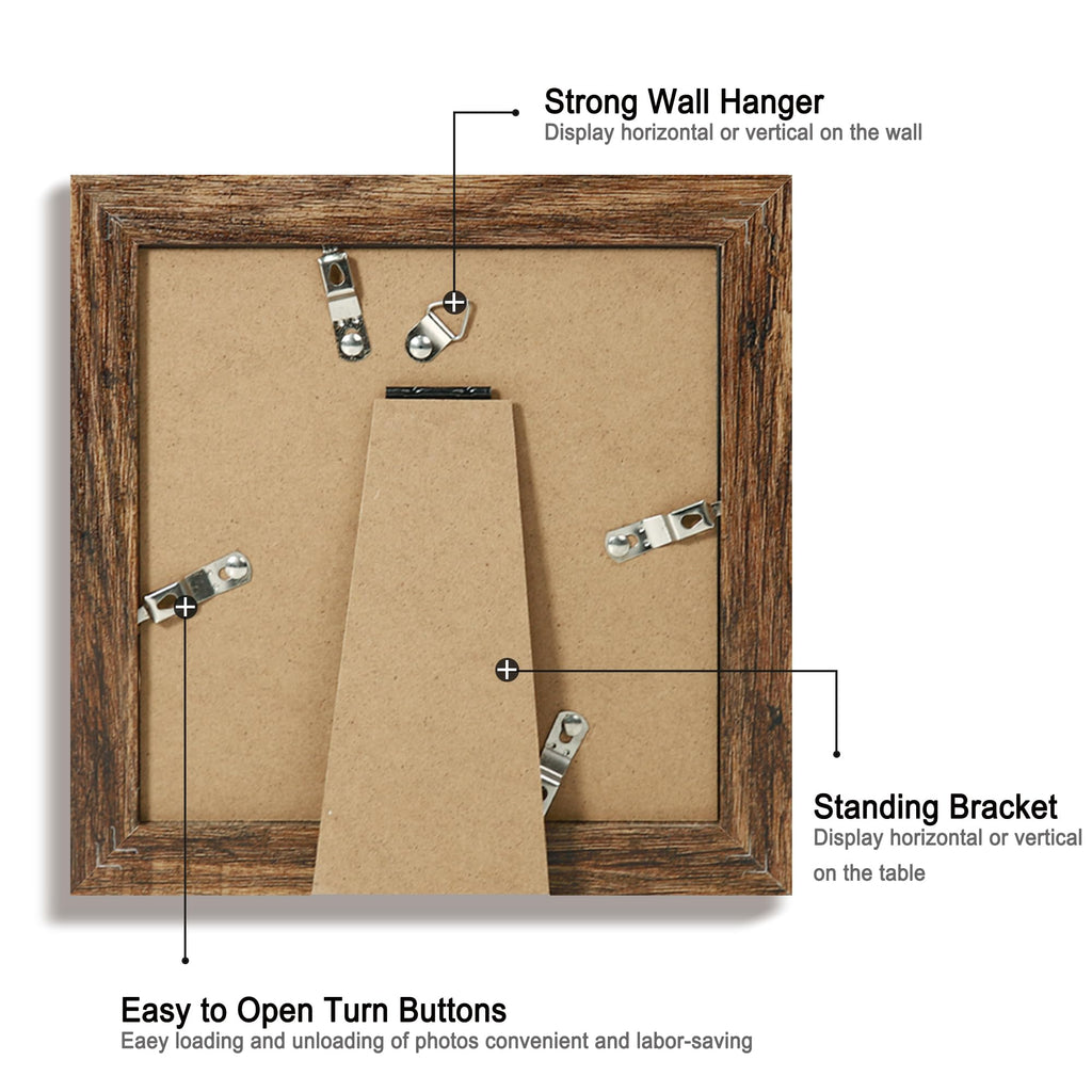 6x6 Picture Frame Set of 4 with Real Glass, Rustic Frames Display 4x4 Picture with Mat or 6 x 6 Without Mat, Wood