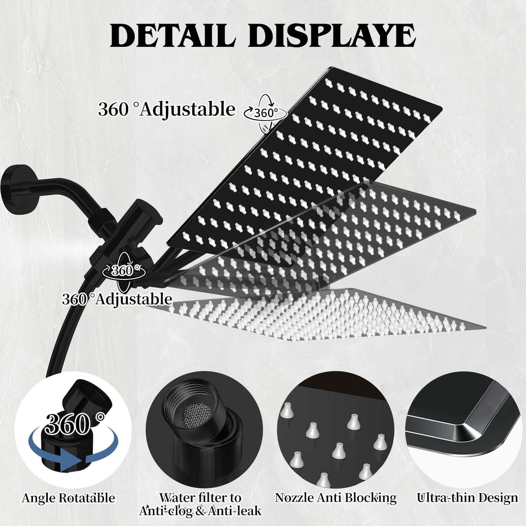 Shower Head, Rain Shower Head with Handheld Spray Combo, 12 Inch Adjustable High Pressure Rainfall Shower Head, Dual
