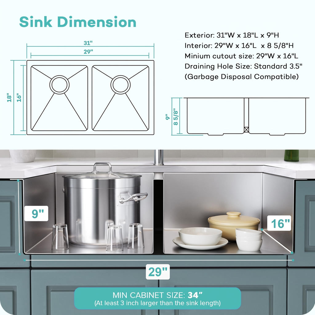 31 Inch Double Sink Undermount, 50/50 Double Bowl Kitchen Sink 31''x18'', 16-Gauge T304 Stainless Steel Undermount