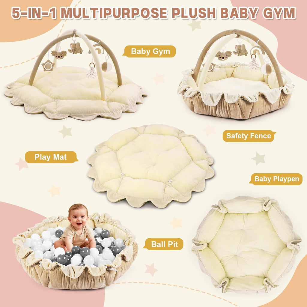 In-1 Baby Activity Gym & Play Mat with 6 Hanging Toys, Tummy Time Mat & Cards - Extra Large, Reversible Machine